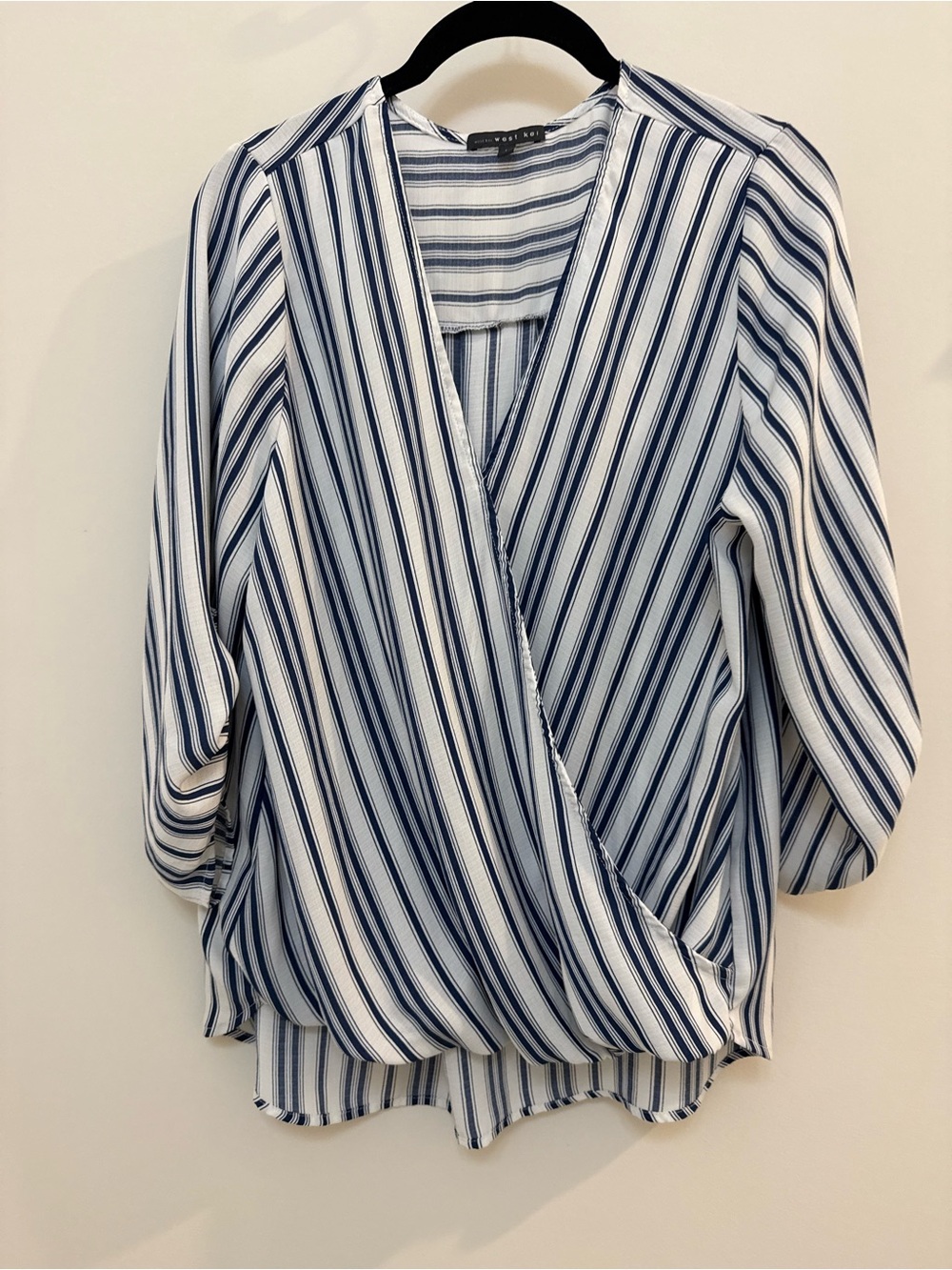 West Kei Blue and White Striped Faux-Wrap Blouse